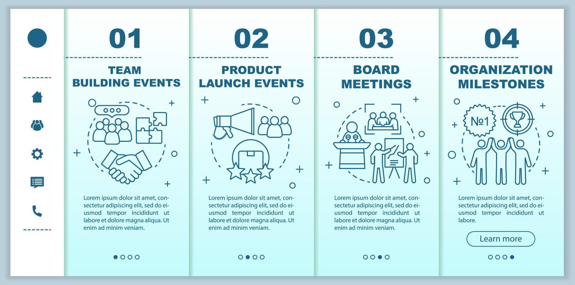 Corporate event management services onboarding mobile web pages vector template. Team building, product launch events. Responsive smartphone website interface idea with linear illustrations