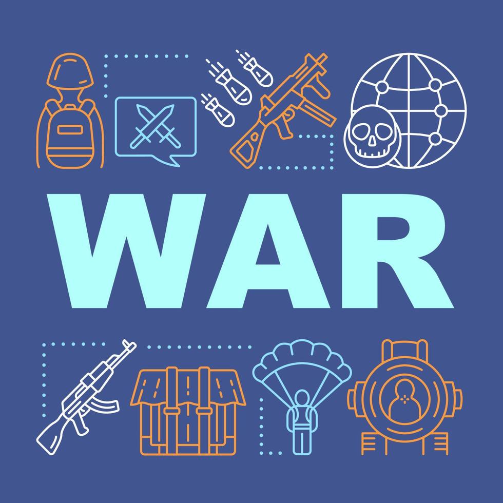 War word concepts banner. Military action, terrorist attacks, warfare. Presentation, website. Terrorism problem. Offensive. Isolated lettering typography with linear icons. Vector outline illustration