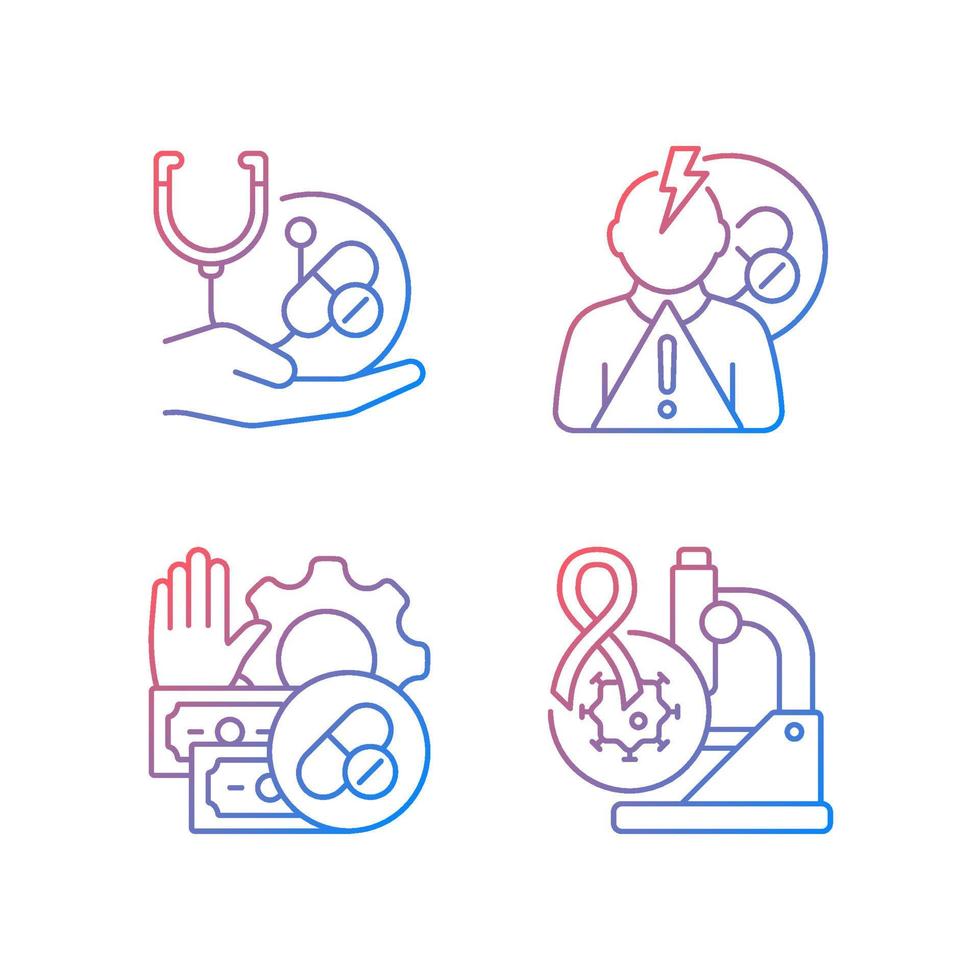 Drug-potency studies gradient linear vector icons set. Improving treatment. Side effects risk. Feasibility process. Thin line contour symbols bundle. Isolated outline illustrations collection