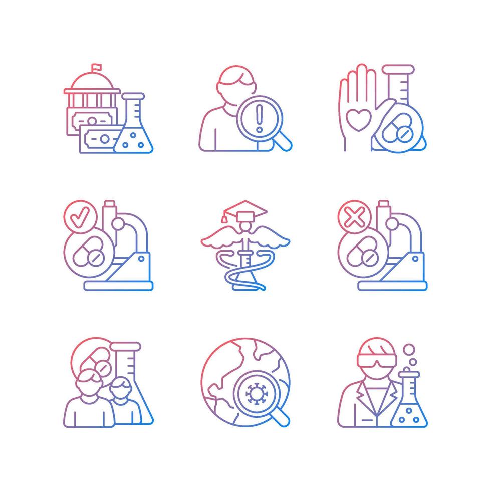 Clinical study gradient linear vector icons set. Evaluating new drugs and treatments. Government funding. MAMS trials. Thin line contour symbols bundle. Isolated outline illustrations collection
