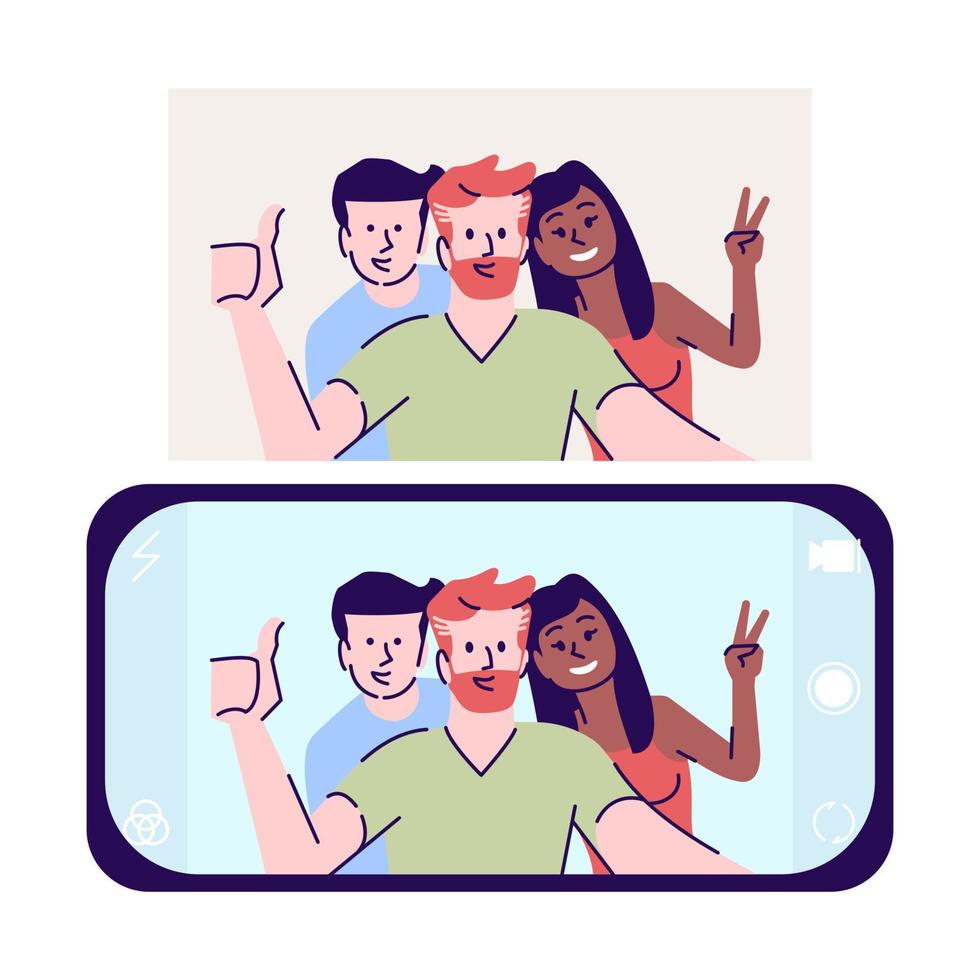 Selfie flat vector illustration. Self-portrait photograph. Men, woman make selfportrait with phone. Happy friends take photo on smartphone cartoon character with outline elements on white background