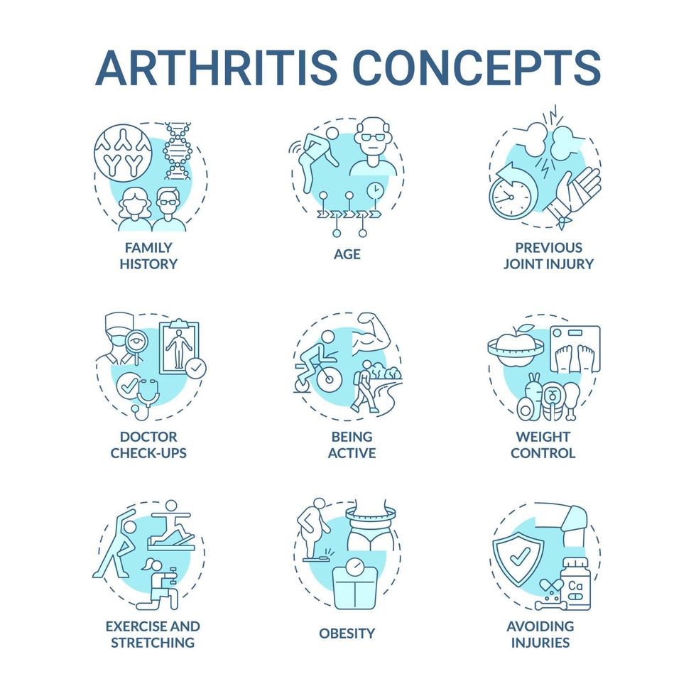 Arthritis blue concept icons set. Risk factors and prevention idea thin line color illustrations. Joint and bone disorder. Weight control and fitness. Vector isolated outline drawings. Editable stroke