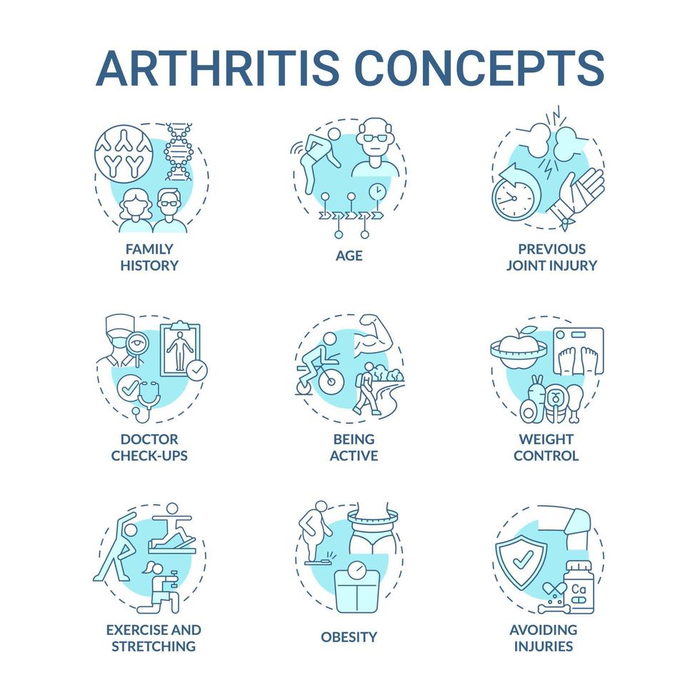 conjunto de iconos de concepto azul de artritis. factores de riesgo e ideas de prevención ilustraciones en color de línea delgada. trastorno articular y óseo. control de peso y fitness. dibujos de contorno aislados vectoriales. trazo editable vector