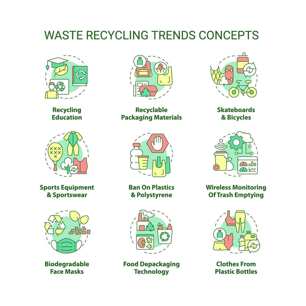 Waste recycling trends concept icons set. Environmental protection. Reduction in environmental pollution idea thin line color illustrations. Vector isolated outline drawings. Editable stroke