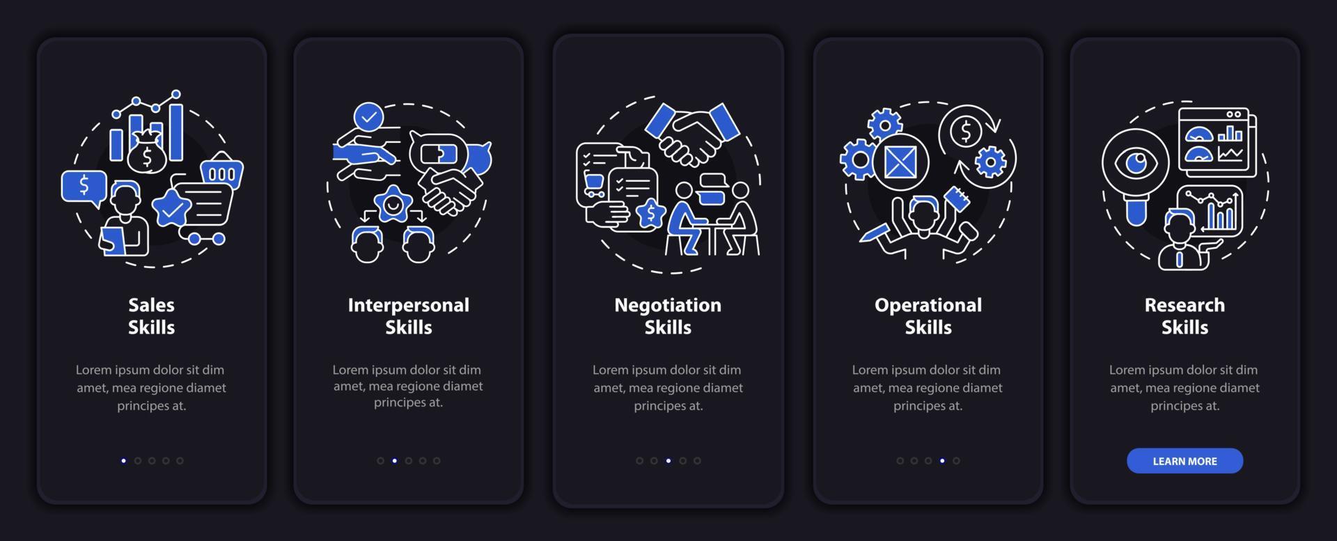 Skills for wholesaler onboarding mobile app page screen. Start business walkthrough 5 steps graphic instructions with concepts. UI, UX, GUI vector template with linear night mode illustrations