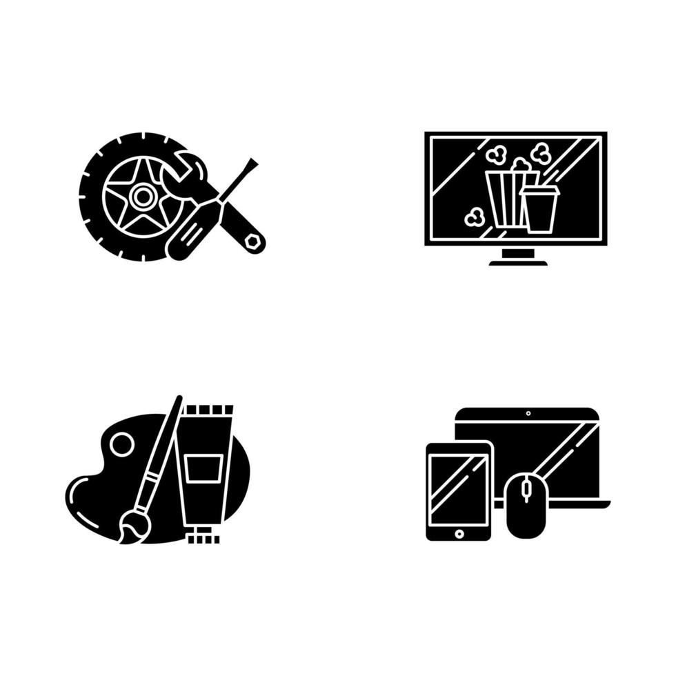 E commerce departments glyph icons set. Online shopping categories. Internet retail. Arts and crafts, hobbies. Auto parts. Movies and television. Silhouette symbols. Vector isolated illustration