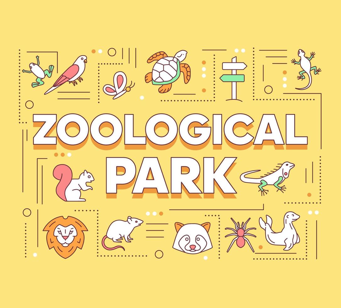 Zoological park word concepts banner. Zoo animals. Wildlife. Reptiles, birds and mammals. Presentation, website. Isolated lettering typography idea with linear icons. Vector outline illustration