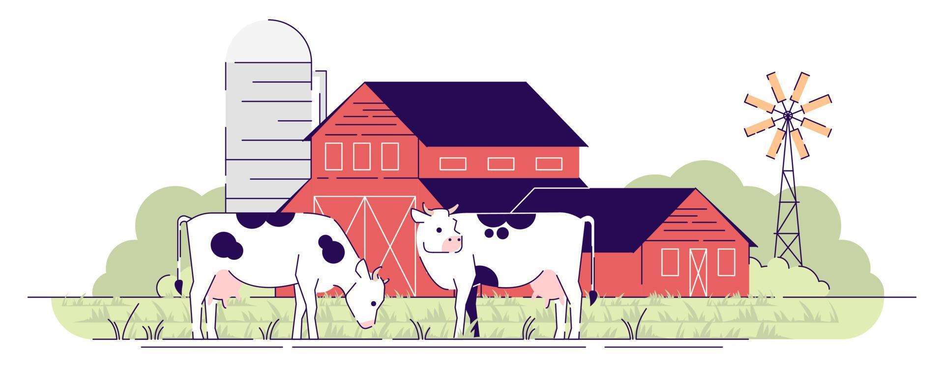 Dairy farm flat vector illustration. Cows grazing on pasture near red barns cartoon design element with outline. Village farmland with barnyard, rural ranch. Livestock farming, animal husbandry