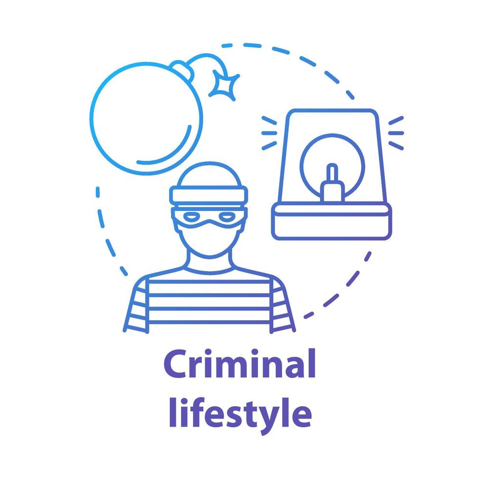 Criminal lifestyle blue concept icon. Committing crime idea thin line illustration. Terrorist with bomb. Robber, housebreaker. Terrorism attack. Vector isolated outline drawing. Editable stroke