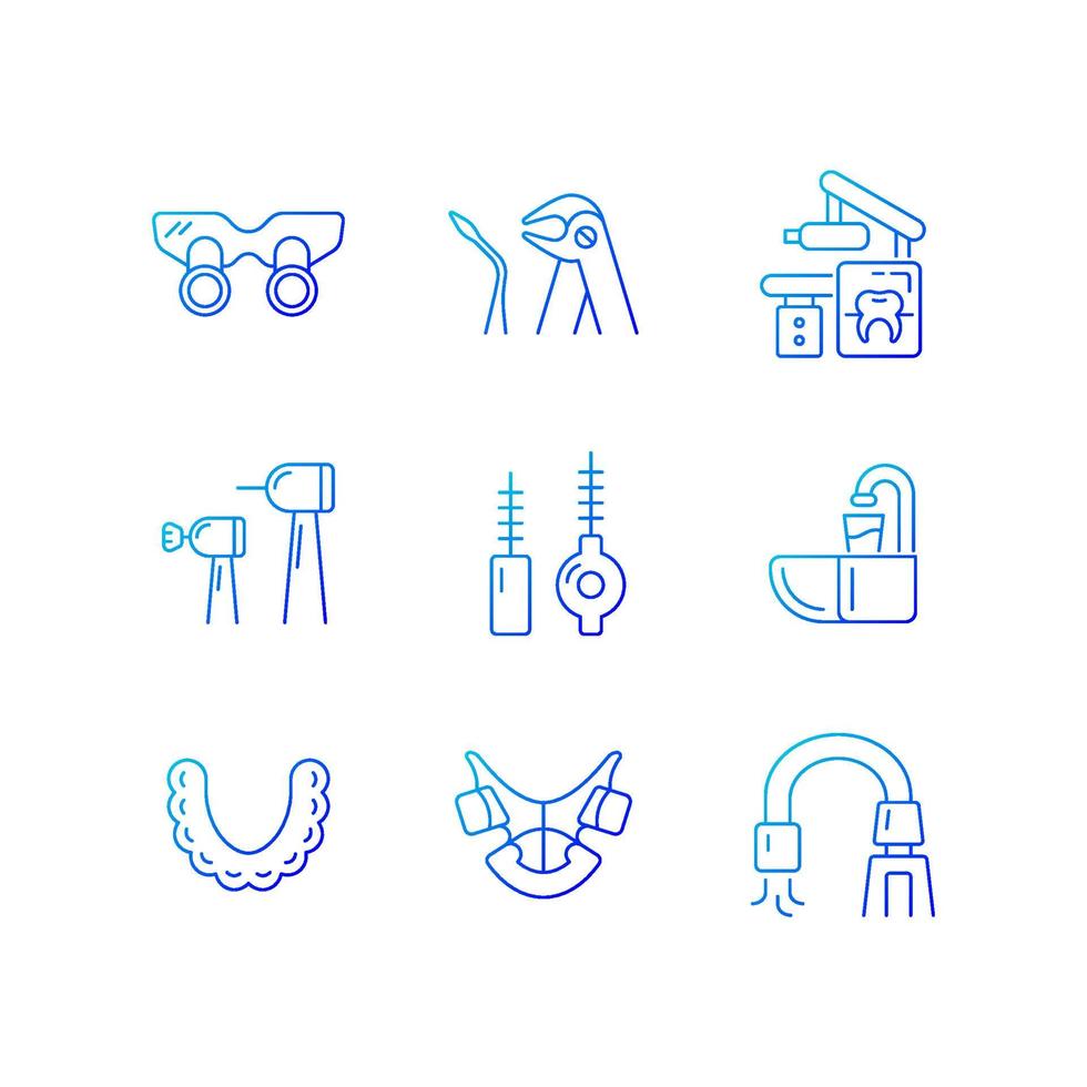 Dental visit gradient linear vector icons set. Orthodontic appliances. Tooth extraction. Cosmetic dentistry. Thin line contour symbols bundle. Isolated outline illustrations collection