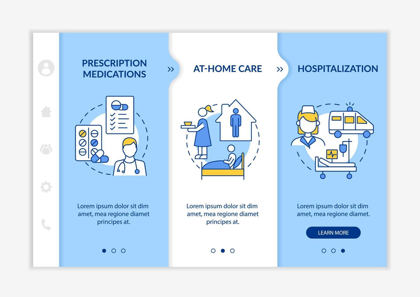 gestión de la plantilla de vector de incorporación de neumonía. sitio web móvil sensible con iconos. Tutorial de la página web Pantallas de 3 pasos. hospitalización y concepto de color de atención domiciliaria con ilustraciones lineales