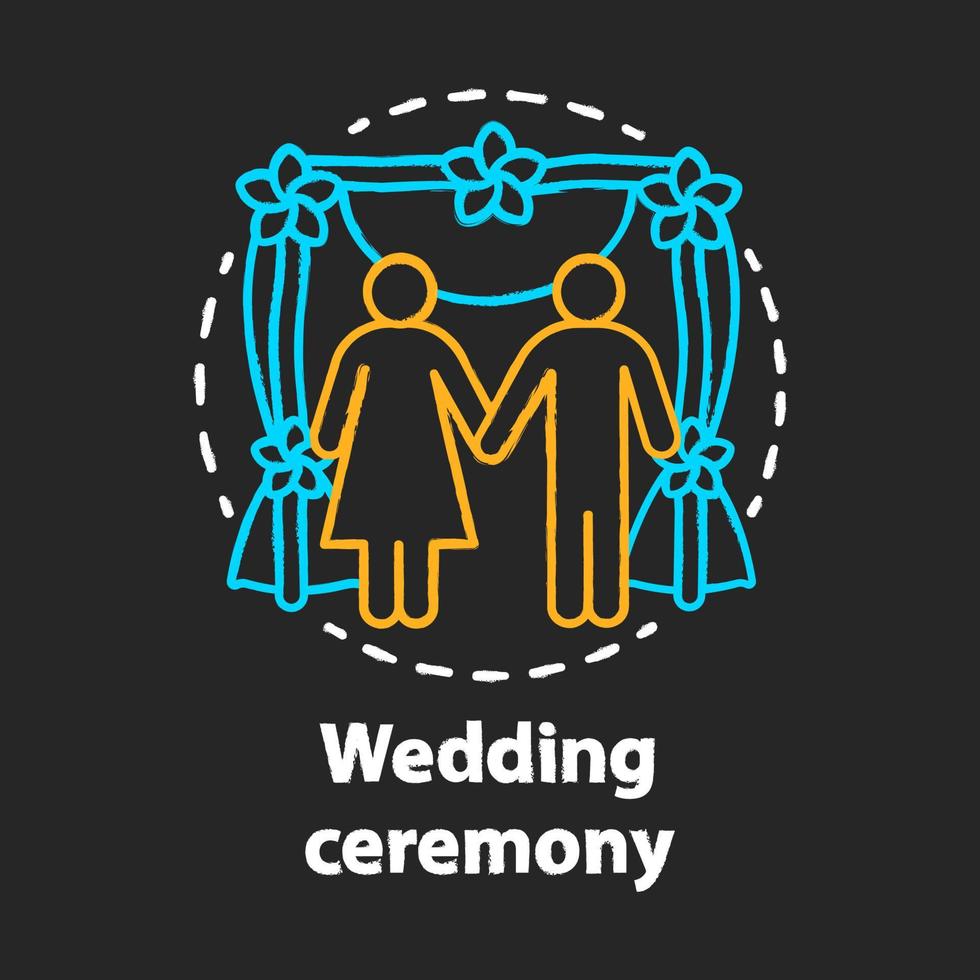 Wedding ceremony chalk concept icon. Engagement, marriage celebration event idea. Bride and groom. Bridal party. Newlyweds, just married. Vector isolated chalkboard illustration