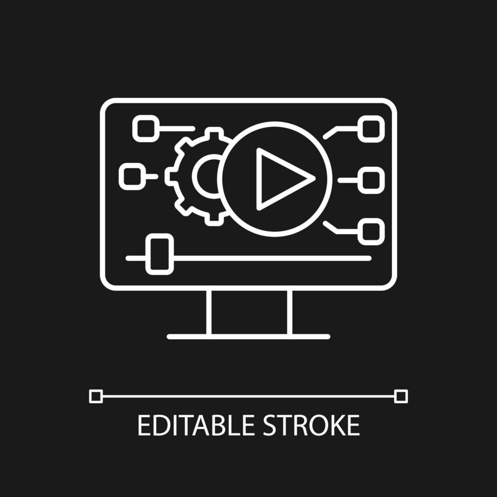 Video making white linear icon for dark theme. Social media content creation. Video marketing. Thin line customizable illustration. Isolated vector contour symbol for night mode. Editable stroke