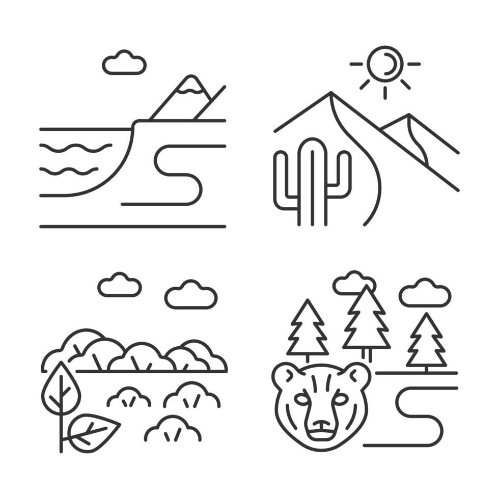 Natural landforms linear icons set. Coastal terrain. Hot desert. Boreal forest. Terrestrial biomes. Customizable thin line contour symbols. Isolated vector outline illustrations. Editable stroke