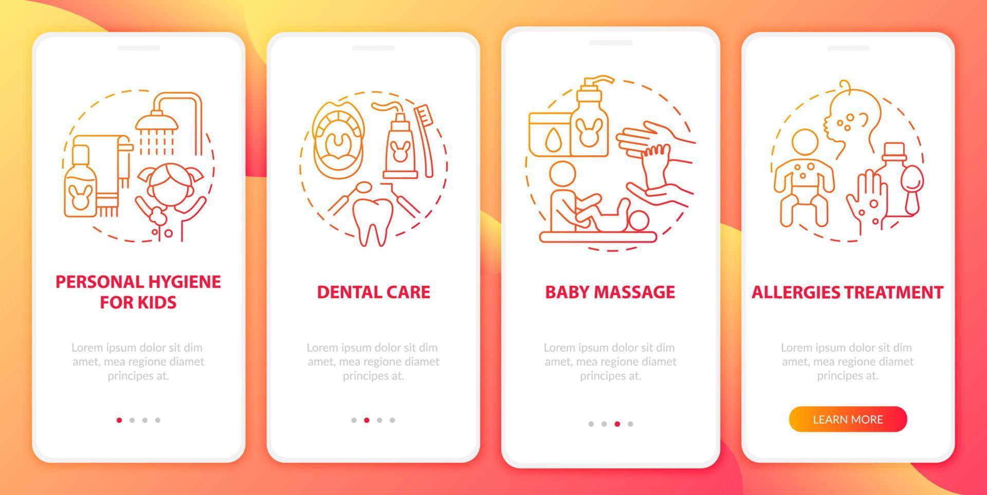 Baby care red gradient onboarding mobile app page screen. Child physical health walkthrough 4 steps graphic instructions with concepts. UI, UX, GUI vector template with linear color illustrations