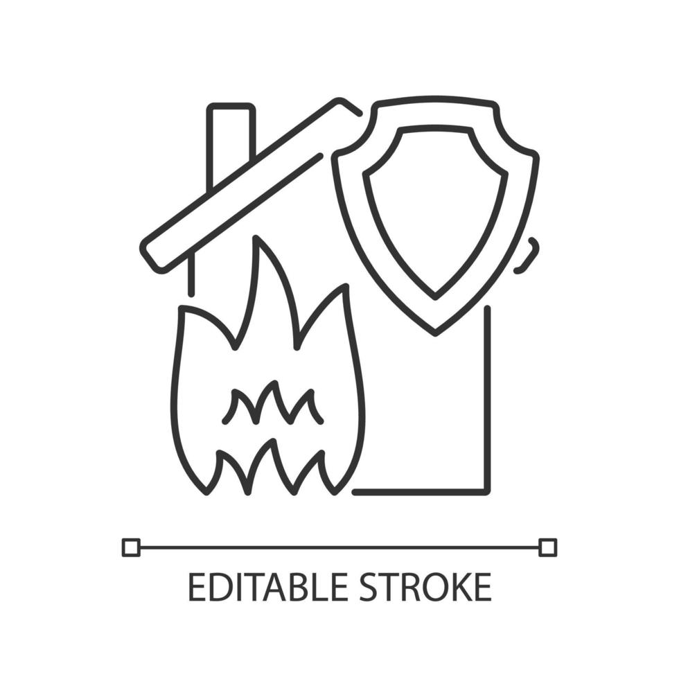 Fire home insurance linear icon. Protection from fire. Support at fire accident. Thin line customizable illustration. Contour symbol. Vector isolated outline drawing. Editable stroke. Arial font used