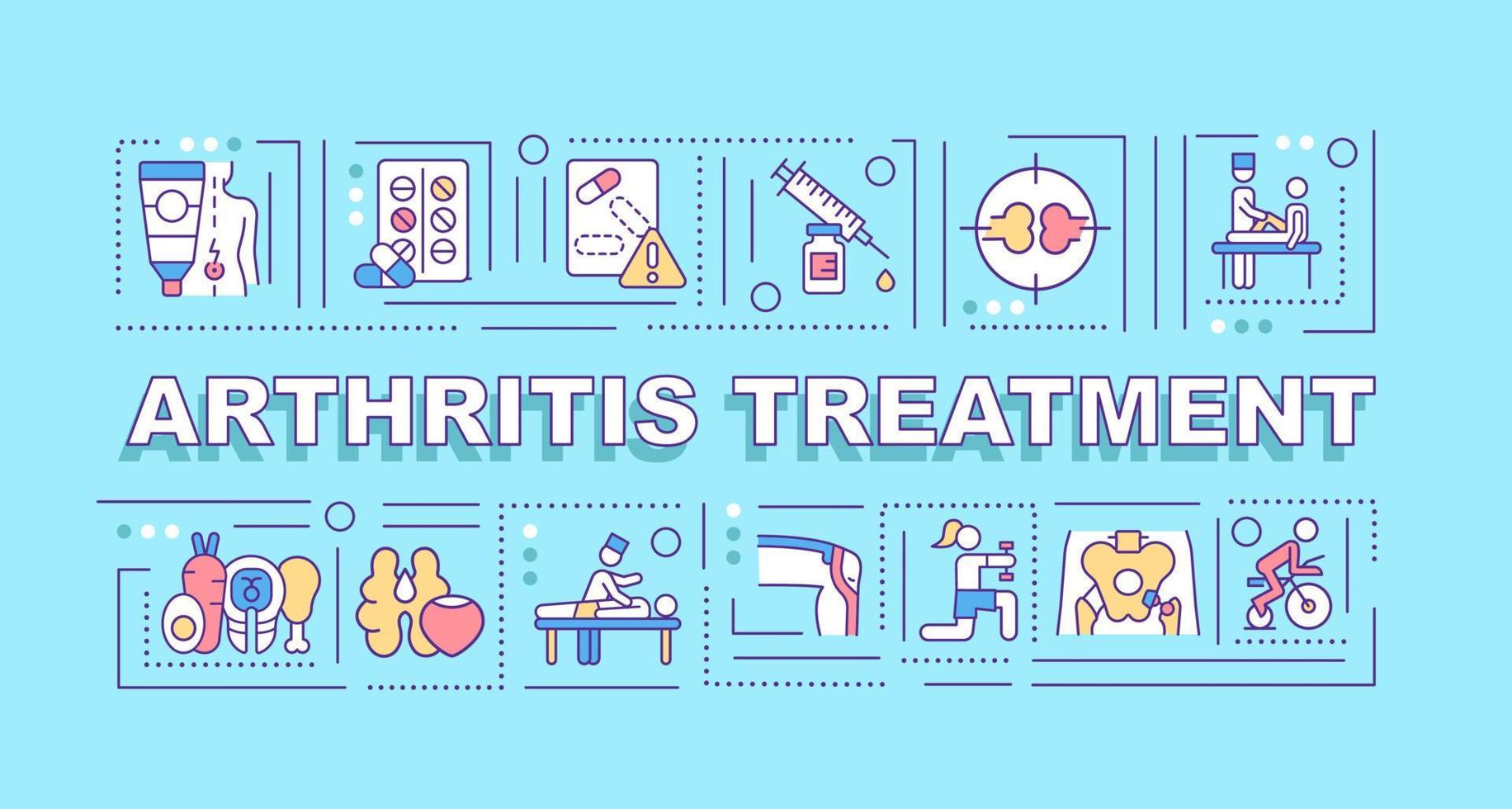 Arthritis treatment word concepts banner. Therapy and surgery. Infographics with linear icons on blue background. Isolated creative typography. Vector outline color illustration with text