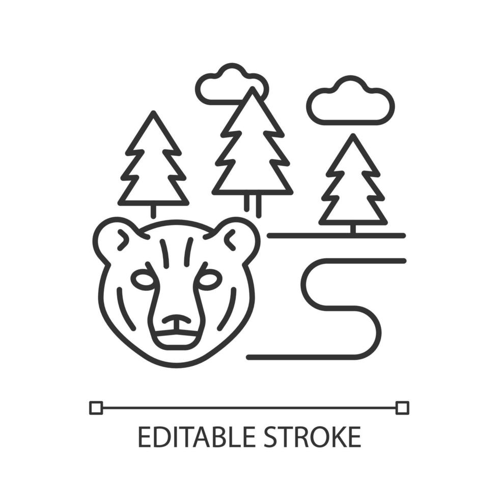 Boreal forest linear icon. Taiga. Forest with evergreen trees. Pine and spruce woodland. Thin line customizable illustration. Contour symbol. Vector isolated outline drawing. Editable stroke