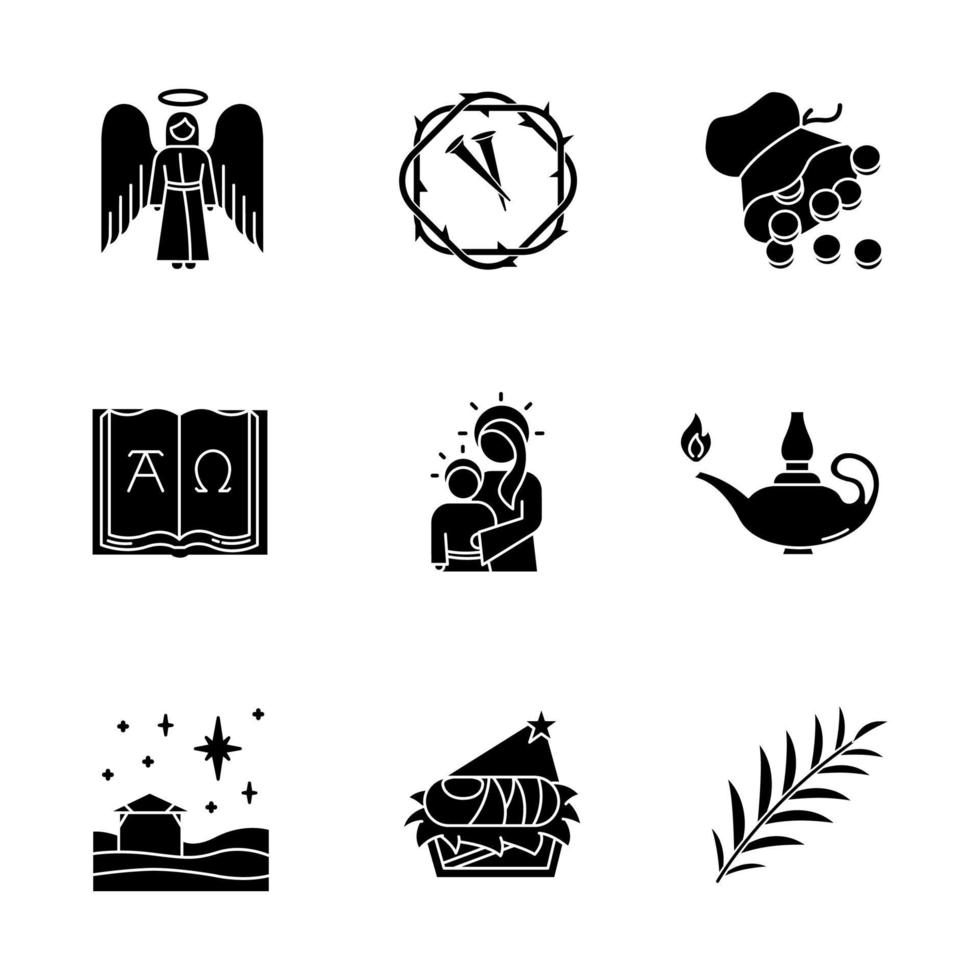 Bible narratives glyph icons set. Angel, thorns wreath, nails, 30 silver coins, Alpha, Omega, Virgin Mary, lamp, Christmas star, nursery, palm branch. Silhouette symbols. Vector isolated illustration