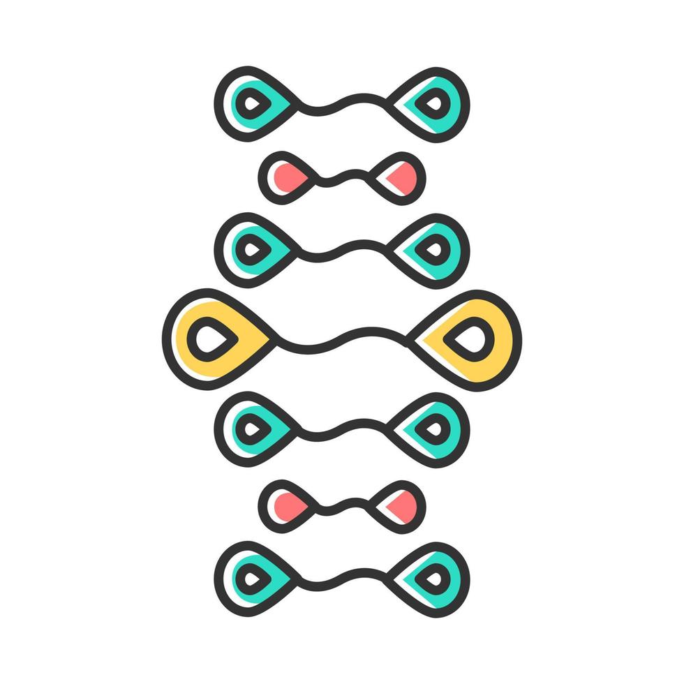 DNA strands color icon. Deoxyribonucleic, nucleic acid helix. Spiraling strands. Chromosome. Molecular biology. Genetic engineering. Genome. Genetics. Medicine. Isolated vector illustration