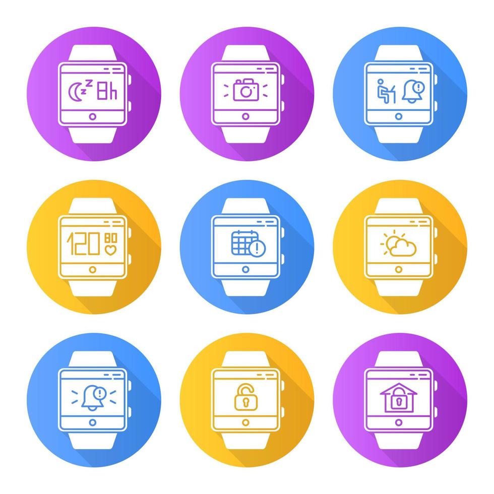 Fitness tracker functions flat design long shadow glyph icons set. Smartwatch wellness services. Scheduling events, sleep timer, weather forecast, notifications. Vector silhouette illustration