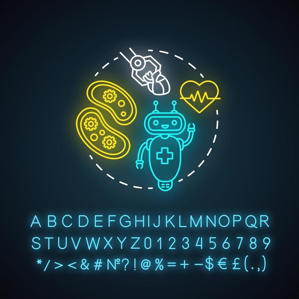 Medical robotics neon light concept icon. Health care computer machines idea. Innovative hospital system. Glowing sign with alphabet, numbers and symbols. Vector isolated illustration