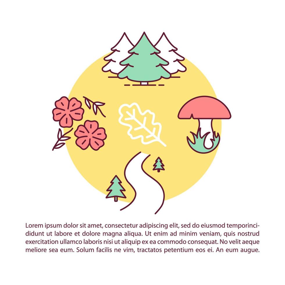 plantilla de vector de página de artículo de ruta de parque nacional. follaje de otoño. folleto, revista, elemento de diseño de folleto con iconos lineales y cuadros de texto. diseño de impresión. ilustraciones conceptuales con espacio de texto