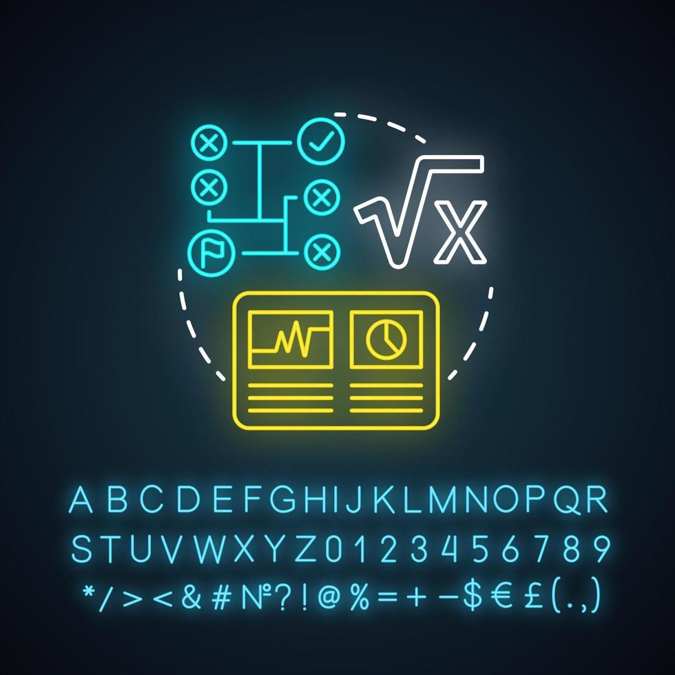 Mathematical base neon light concept icon. Calculations idea. Combination of numbers and digits. Arithmetic system. Glowing sign with alphabet, numbers and symbols. Vector isolated illustration