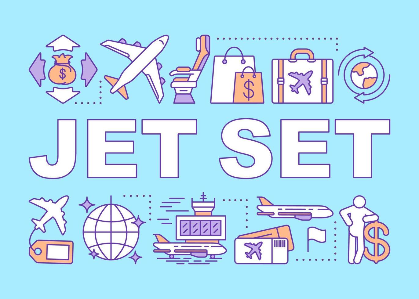 Jet set word concepts banner. Travel to stylish place via jet plane. Frequent traveler. Presentation, website. Isolated lettering typography idea with linear icons. Vector outline illustration