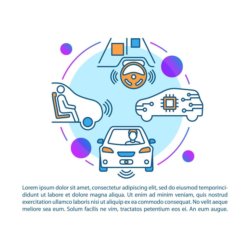 Self-driving car article page vector template. Driverless auto. Robotic vehicle feature brochure, magazine, booklet design element with linear icons and text boxes. Print design. Concept illustrations
