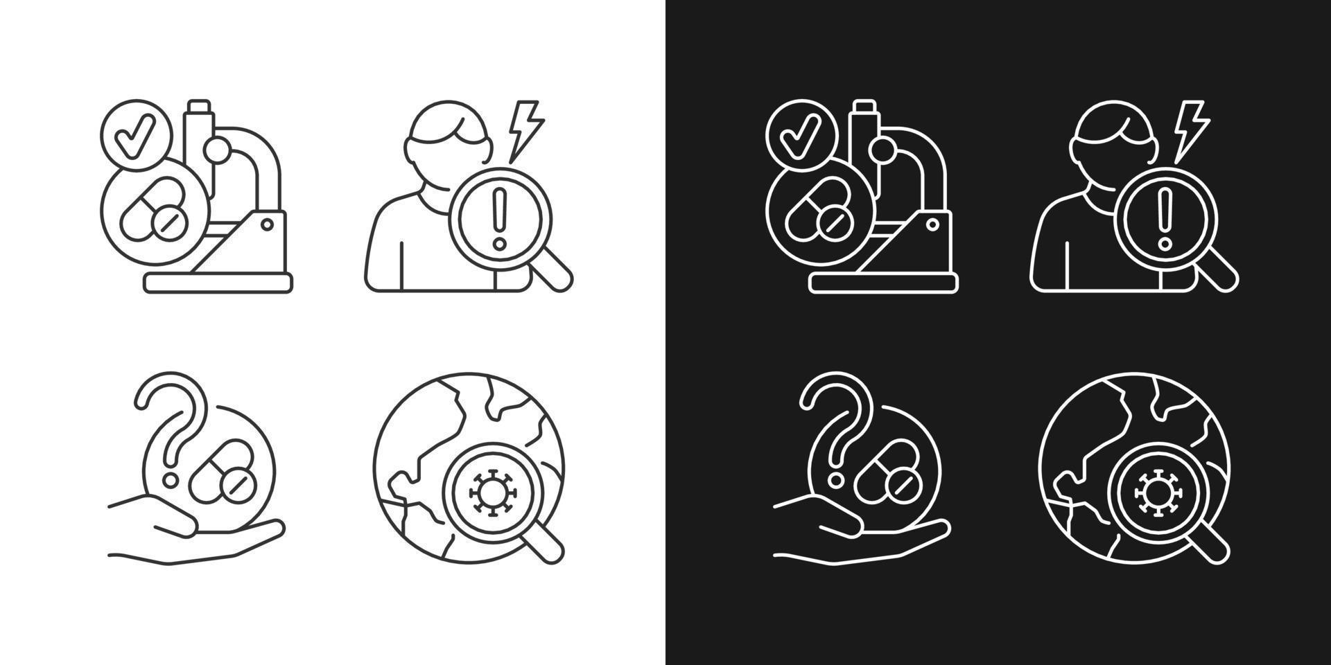 Testing potential treatments linear icons set for dark and light mode. Successful research. Observational study. Customizable thin line symbols. Isolated vector outline illustrations. Editable stroke