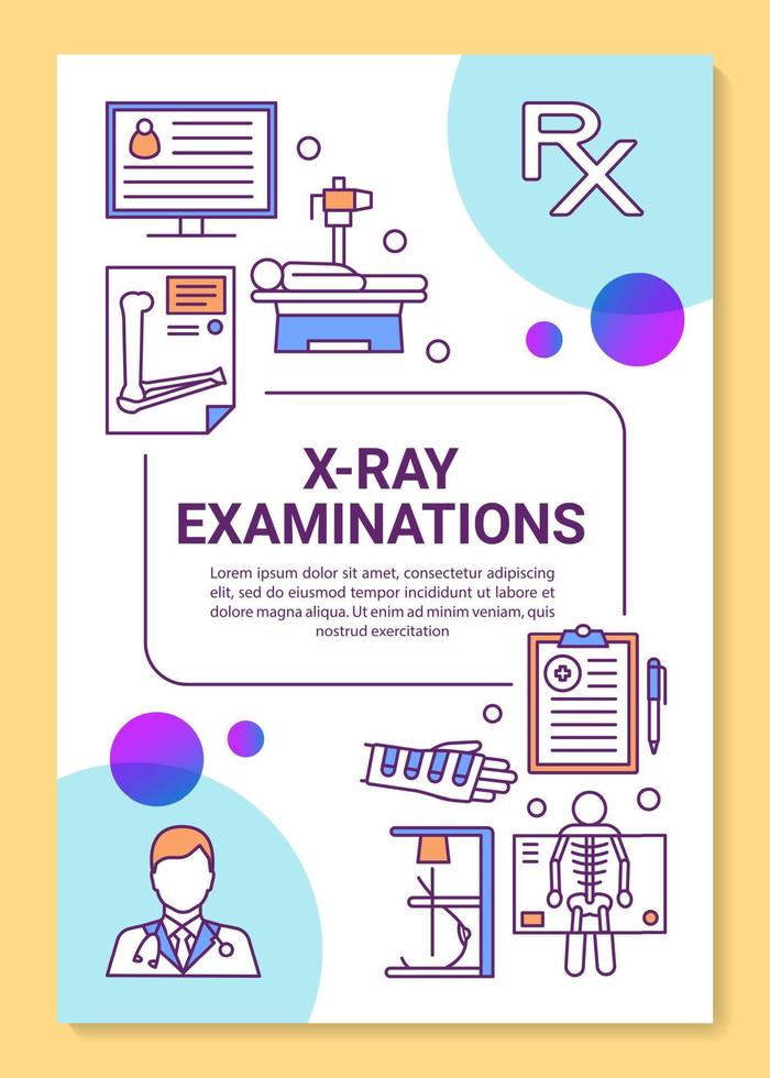 X-ray examination brochure template layout. Radiological survey. Hospital equipment. Flyer, booklet, leaflet print design, linear illustrations. Vector page layouts for reports, advertising posters