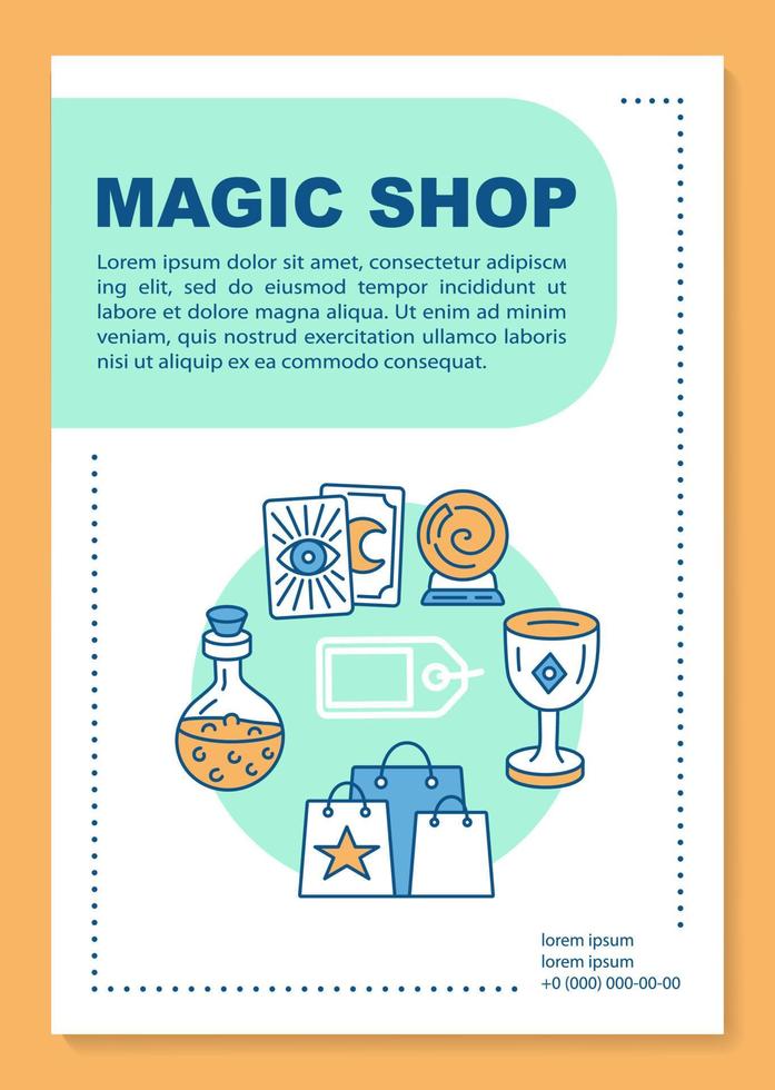 Magic shop poster template layout. Esoteric store goods. Banner, booklet, leaflet print design with linear icons. Fortune telling. Vector brochure page layouts for magazines, advertising flyers