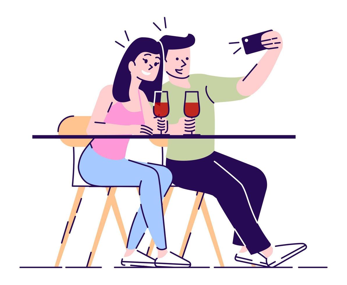 pareja haciendo selfie en la ilustración de vector plano de fecha. joven y mujer tomando autorretrato por teléfono con copas de vino en la mesa. amigos que se encuentran con un personaje de dibujos animados aislado sobre fondo blanco