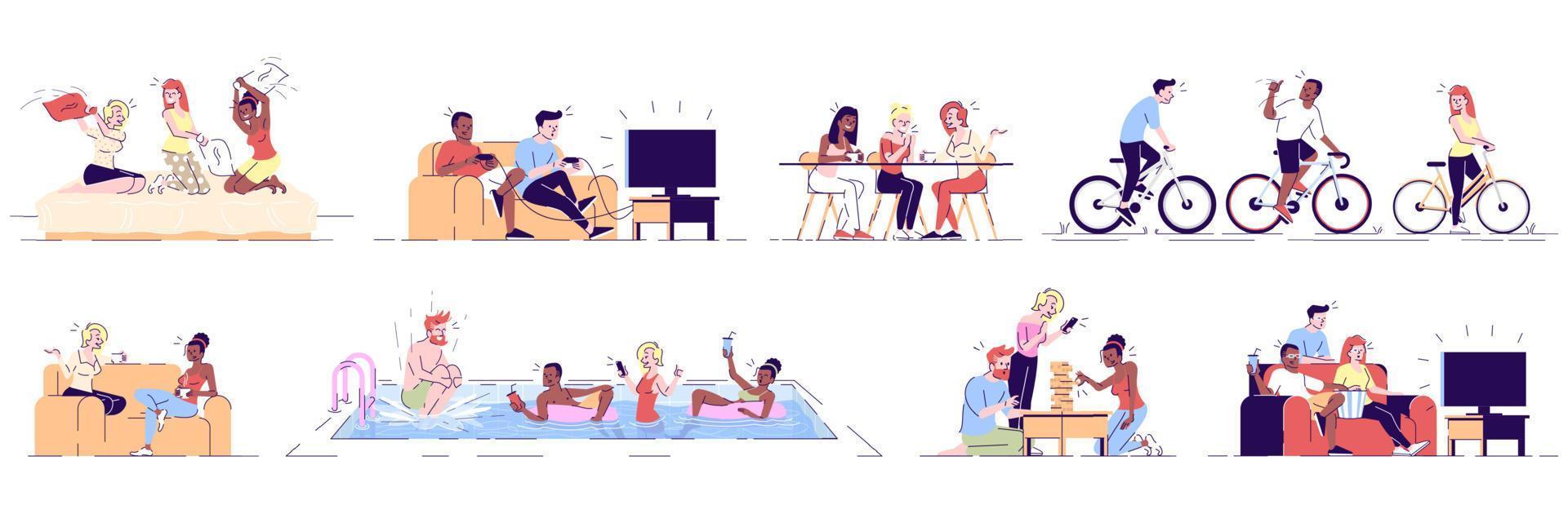 Friends having fun flat vector illustrations set. Young people relaxing in cafe, swimming pool, watching TV. Cyclists on bicycles isolated cartoon characters with outline elements