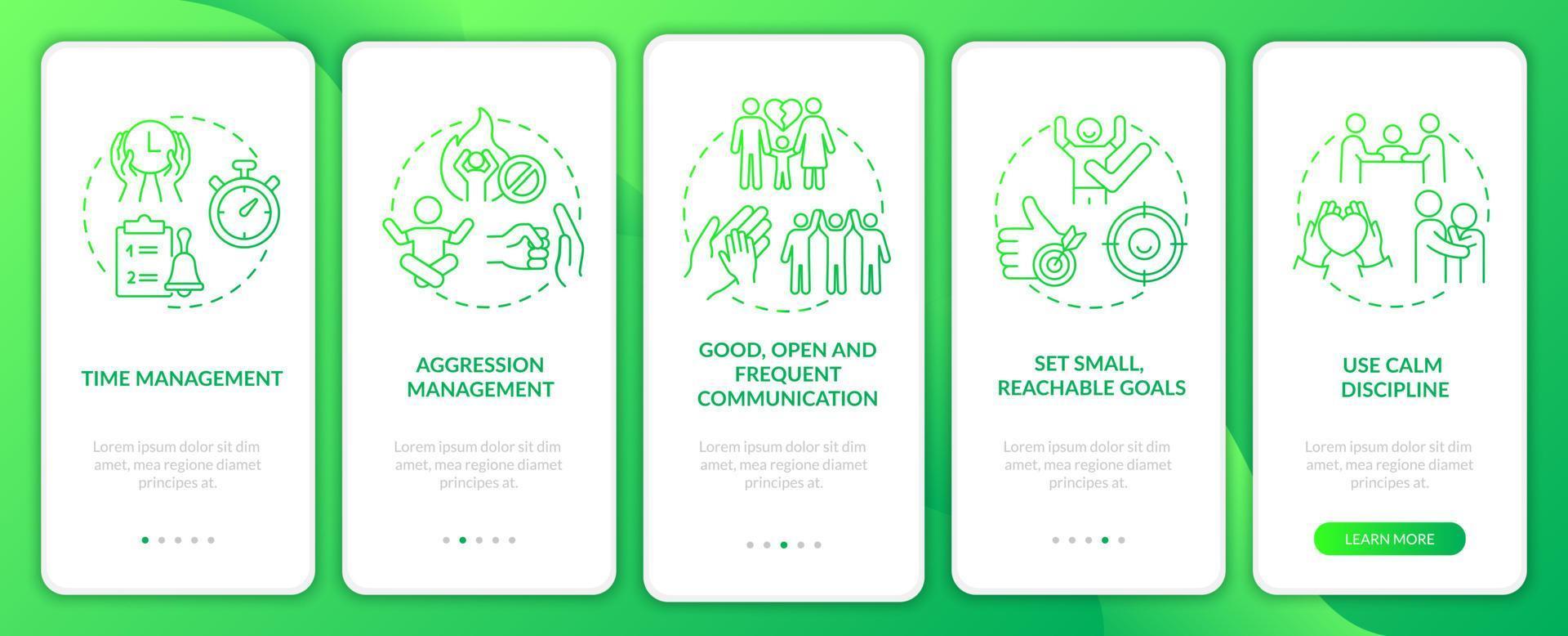 Managing ADHD in kids onboarding mobile app page screen. Use calm discipline walkthrough 5 steps graphic instructions with concepts. UI, UX, GUI vector template with linear color illustrations