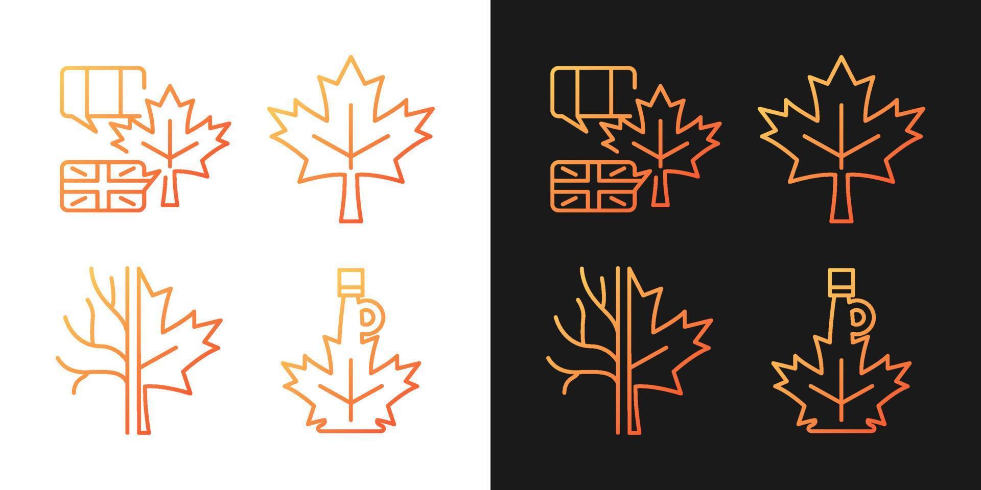 Maple leaf significance gradient icons set for dark and light mode. National emblem of Canada. Thin line contour symbols bundle. Isolated vector outline illustrations collection on black and white