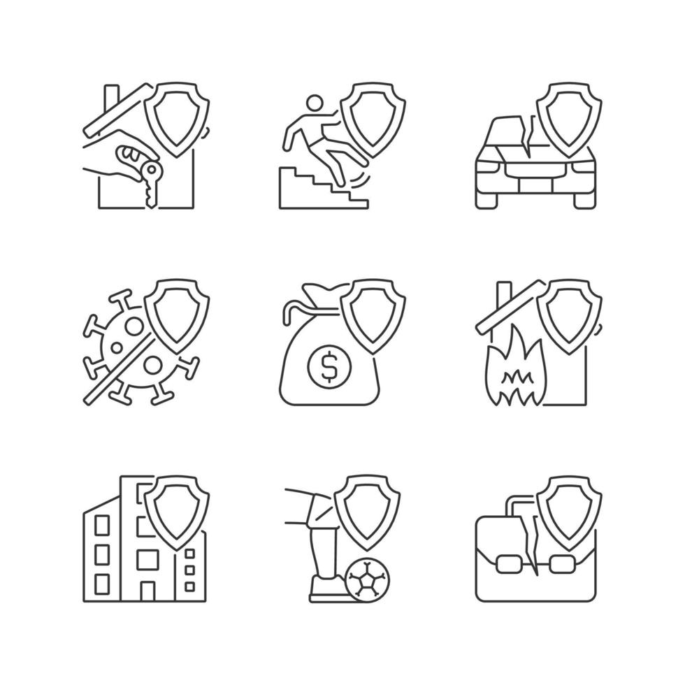 Accidents insurance policies linear icons set. Insurance case coverage. Safety policy for customer. Customer safety. Customizable thin line contour symbols. Isolated vector outline illustrations