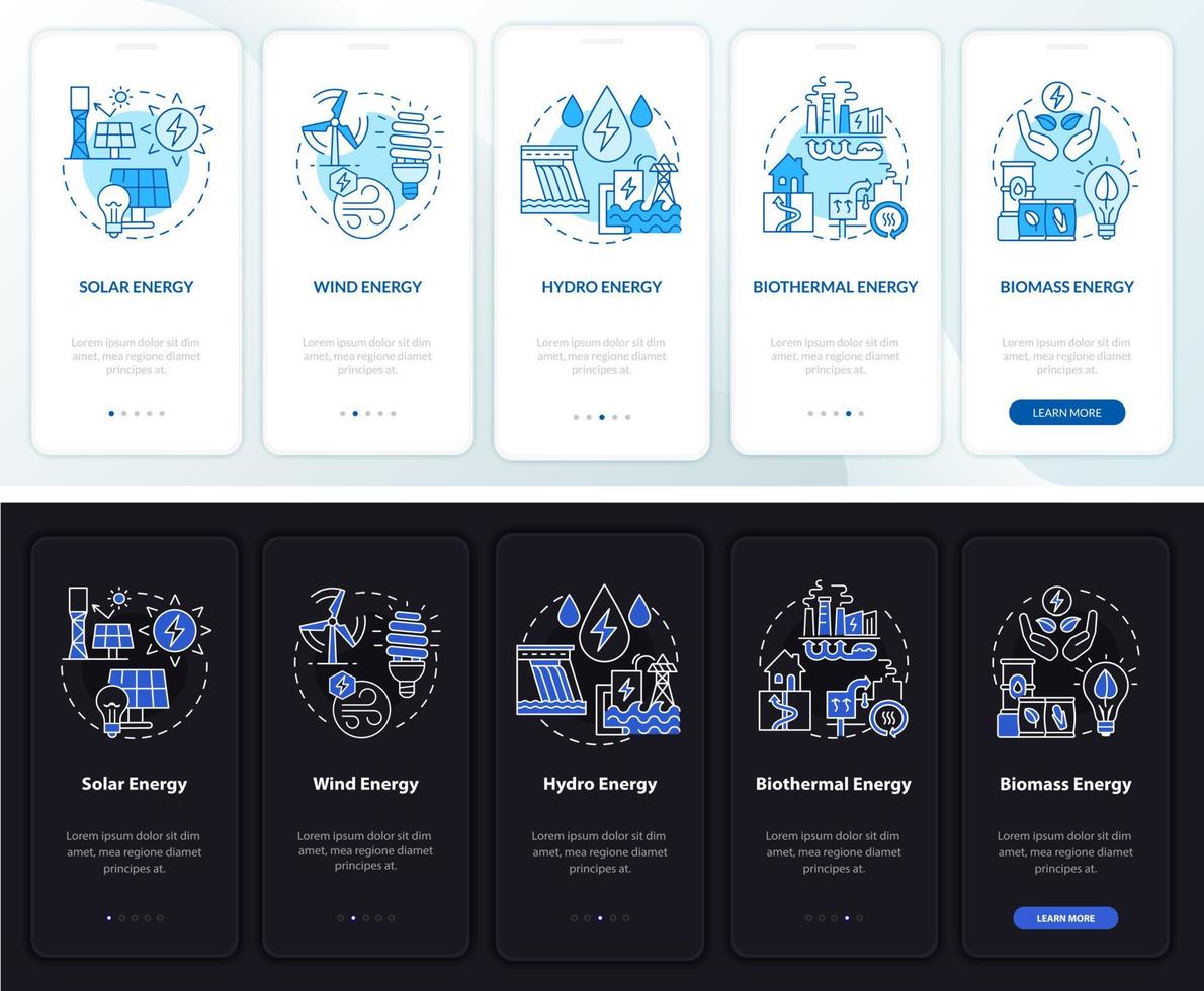 Renewable energy onboarding mobile app page screen. Power walkthrough 5 steps graphic instructions with linear concepts. UI, UX, GUI template. Night and day mode. Myriad Pro-Bold, Regular fonts used vector