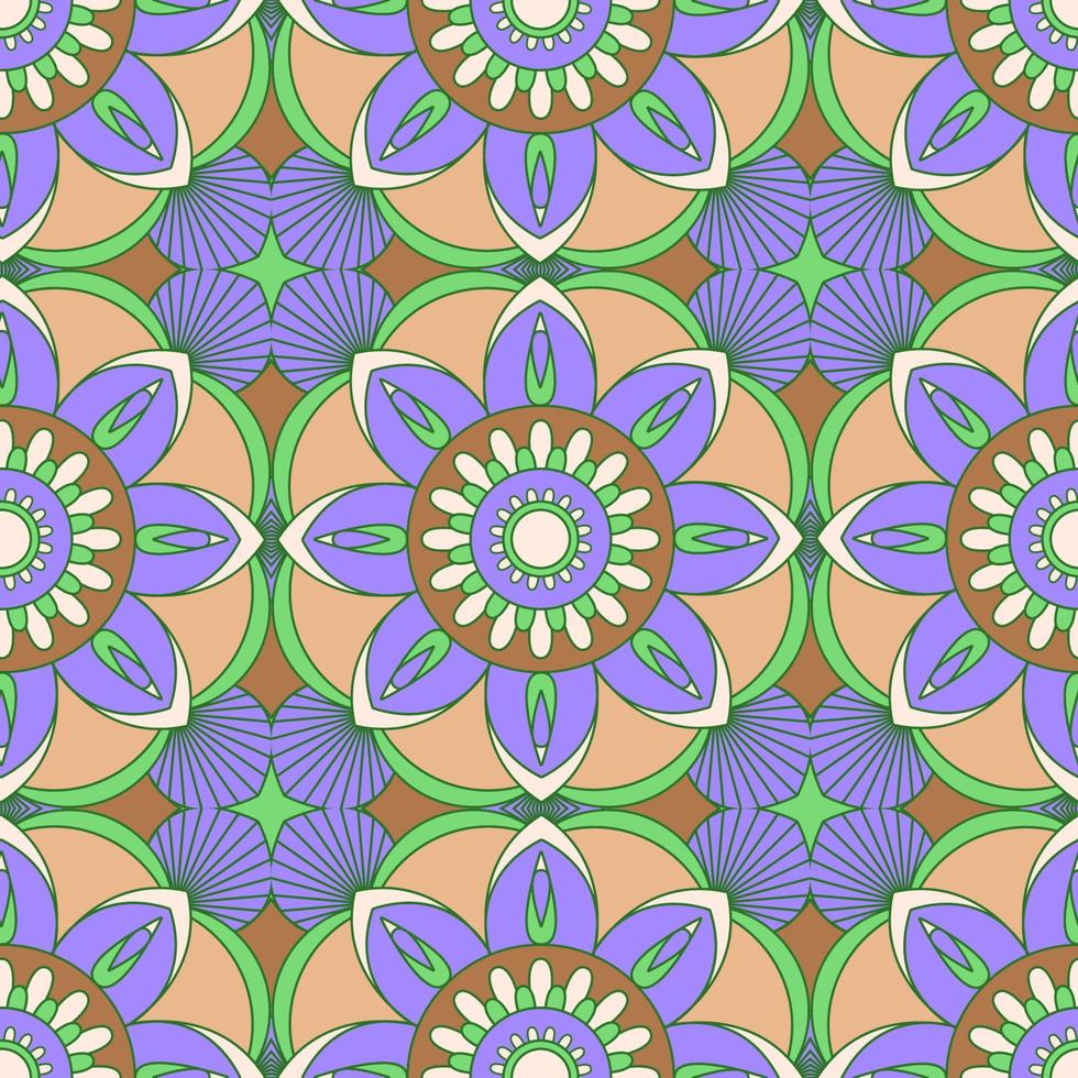 vector de patrones sin fisuras de mandala. un adorno simétrico de flores moradas. dibujo etnico