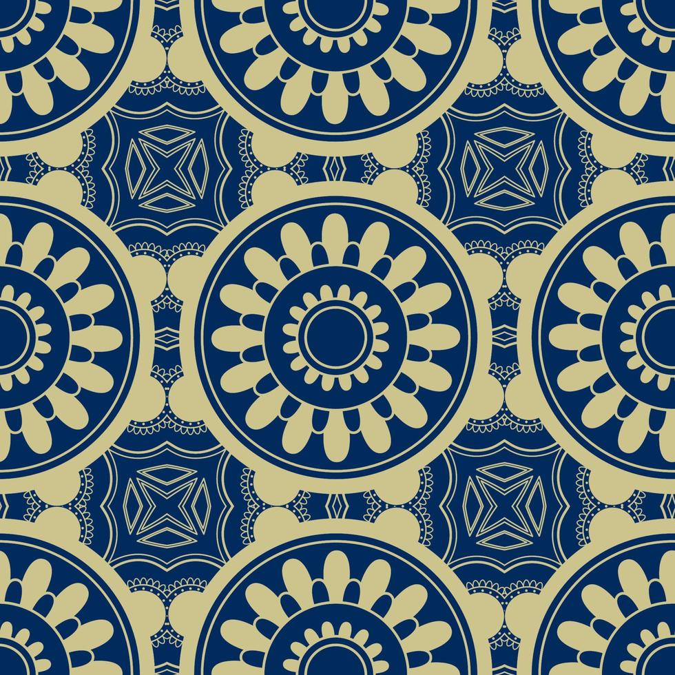 Ethnic seamless tight vector pattern. Blue and gold mandalas. Can be used for design of fabric, covers, wallpapers, tiles.