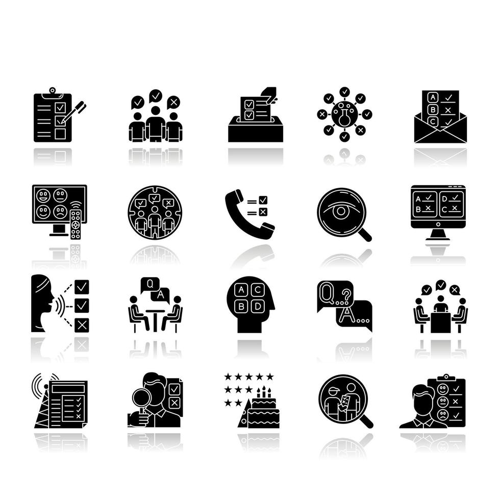 Survey methods drop shadow black glyph icons set. Interview. Online, telephone poll. Rating. Public opinion. Customer review. Feedback. Evaluation. Data collection. Isolated vector illustrations