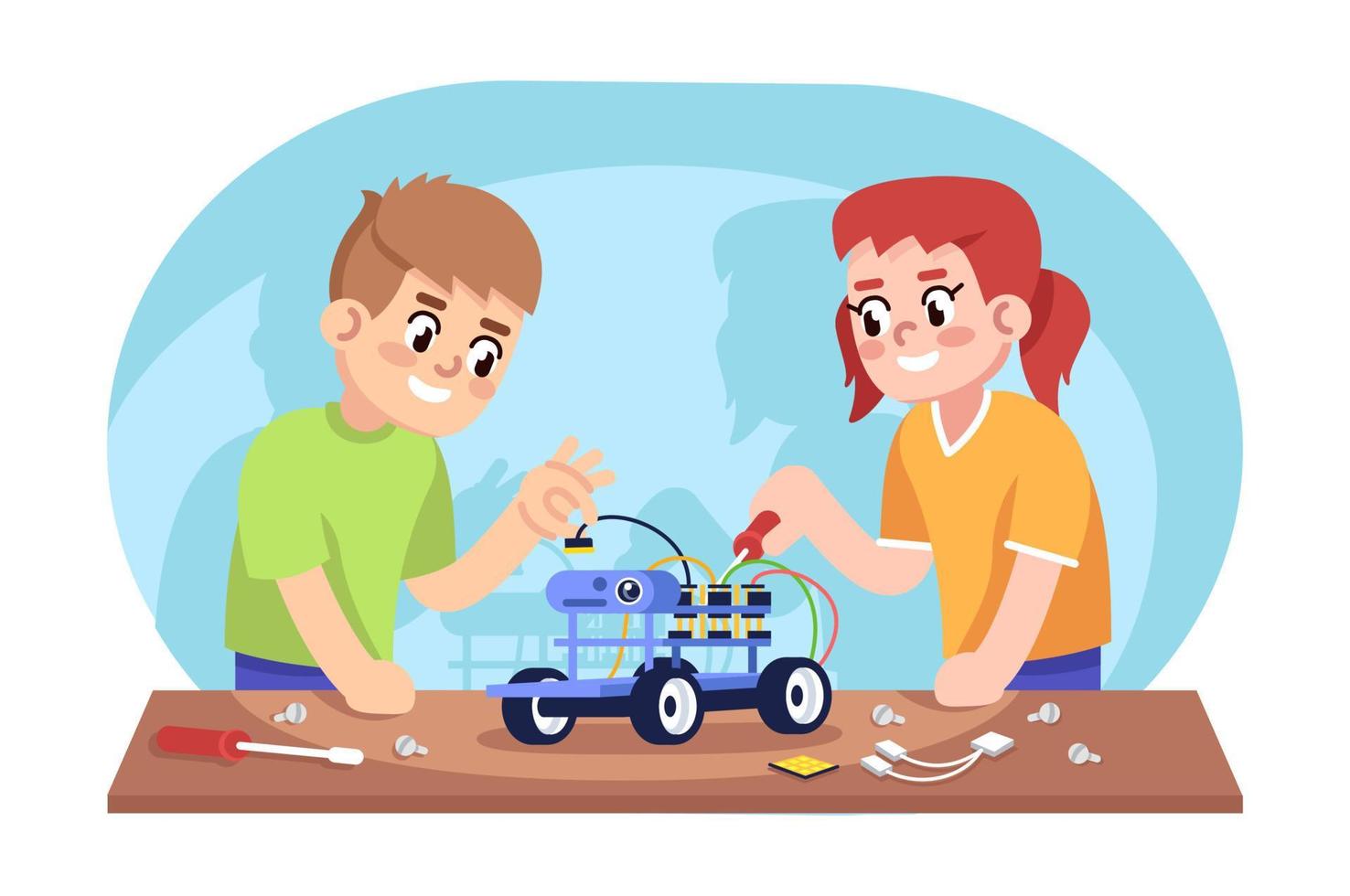 Boy and girl assembling robot car flat vector illustration. Automated constructor kit for children. After school club. Robotics courses for youngsters. Kids creating electronic toy cartoon characters