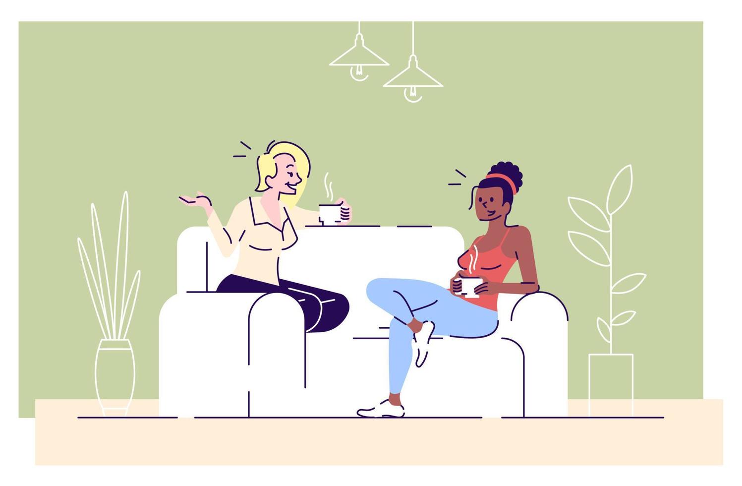 Girls tea drinking at home flat vector illustrations. Young ladies, students enjoy friendly talk with coffee. Roommates gossiping cartoon characters with outline elements on green background