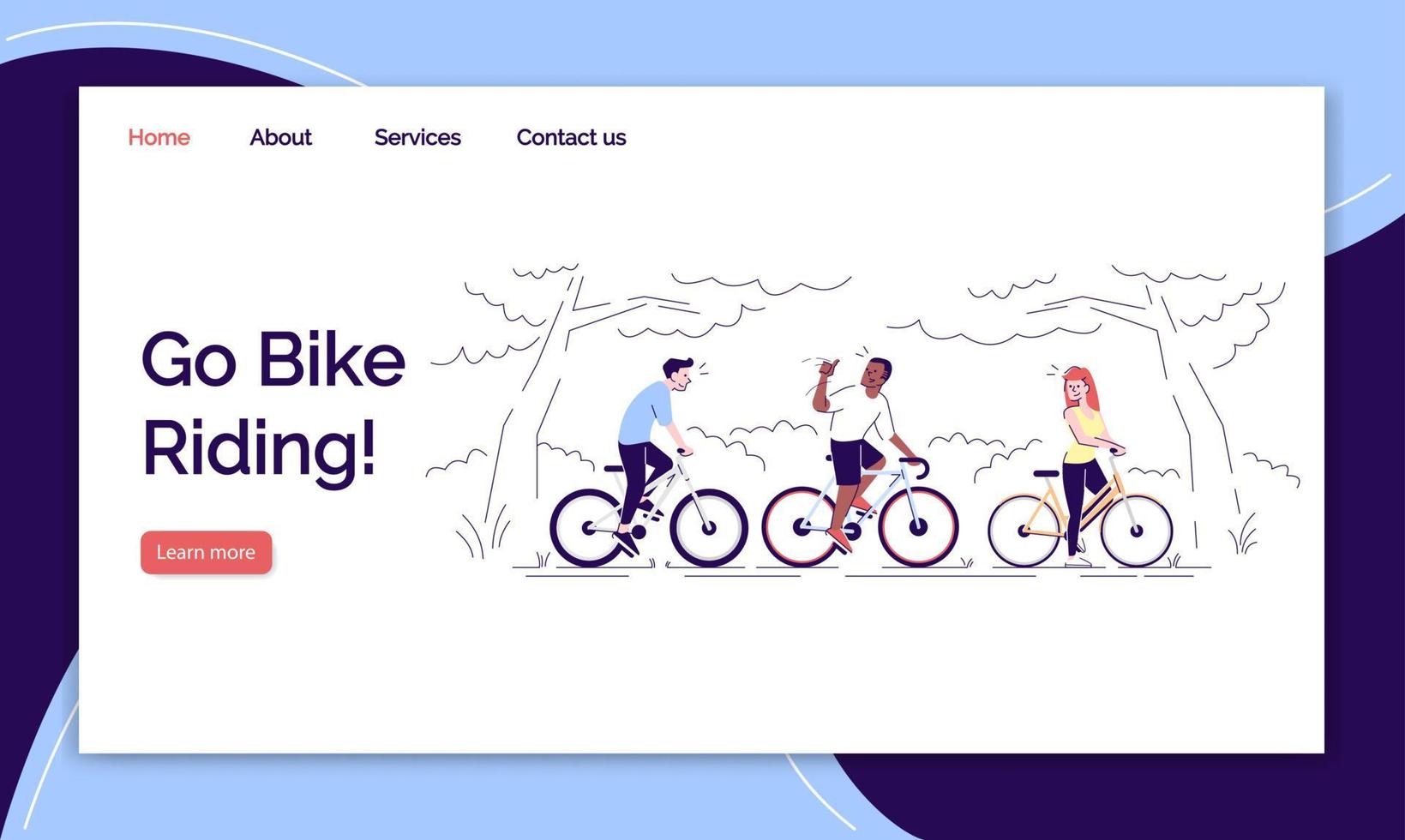 Juego de plantillas vectoriales de página de destino para montar en bicicleta. esbozar la idea de la interfaz del sitio web de los ciclistas con ilustraciones planas. diseño de la página de inicio de actividades al aire libre. banner web deportivo de ciclismo, concepto de dibujos animados de página web vector