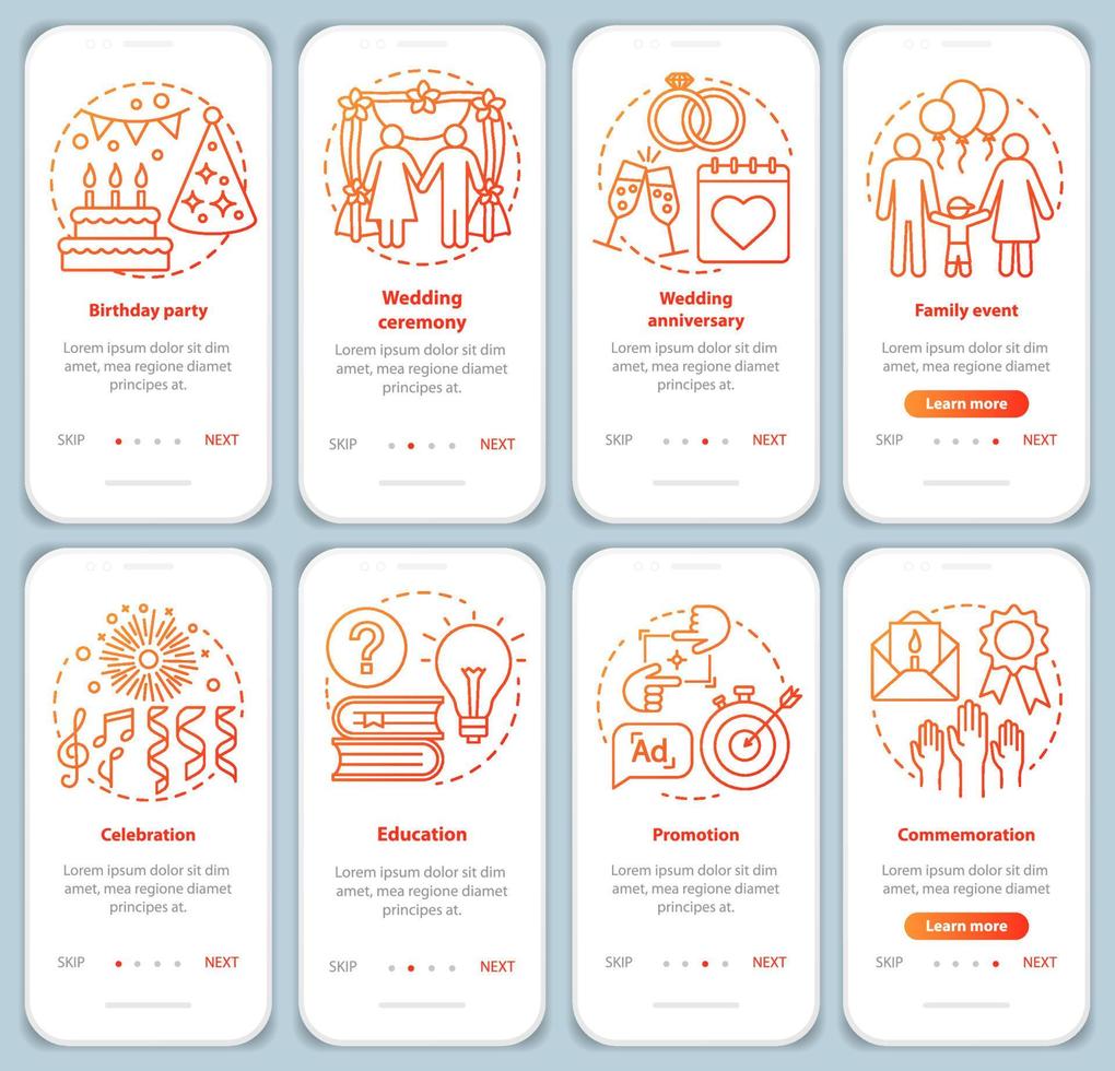 Special event management onboarding mobile app page screen with linear concepts. Party planner. Holiday celebration walkthrough graphic instructions. UX, UI, GUI vector templates set with illustration