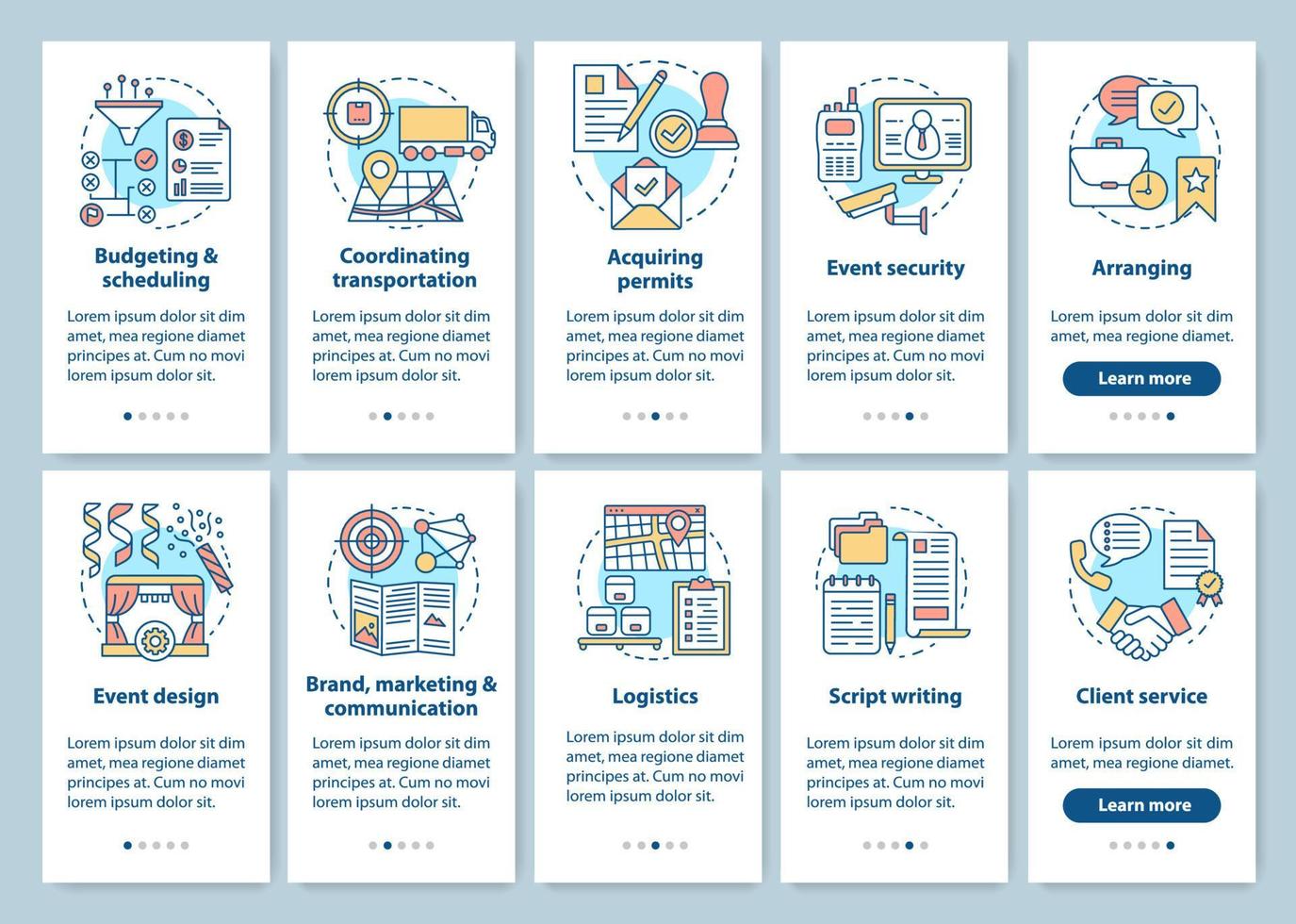 Event management and planning service onboarding mobile app page screen with linear concepts. Special events industry walkthrough graphic instructions. UX, UI, GUI templates set with illustrations vector