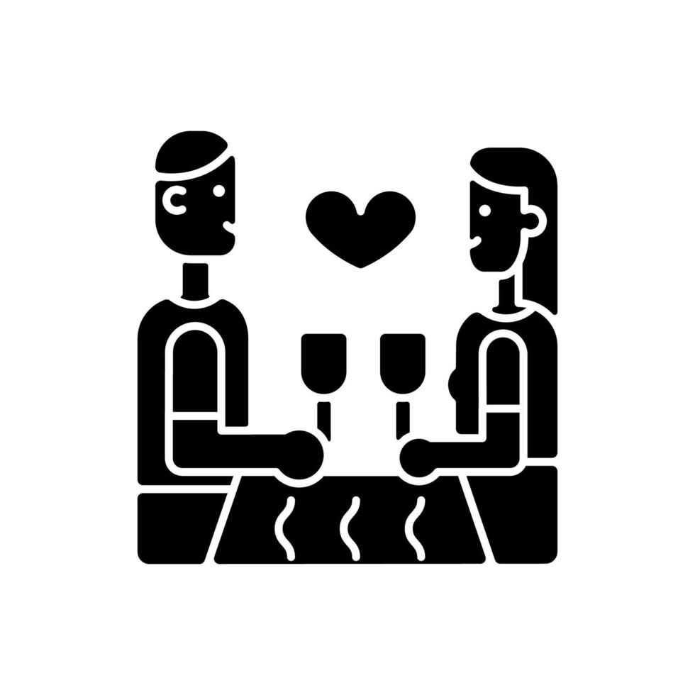 Dinner at restaurant black glyph icon. Married couple dining out. Restaurant date ideas. Boyfriend and girlfriend sitting at table. Silhouette symbol on white space. Vector isolated illustration