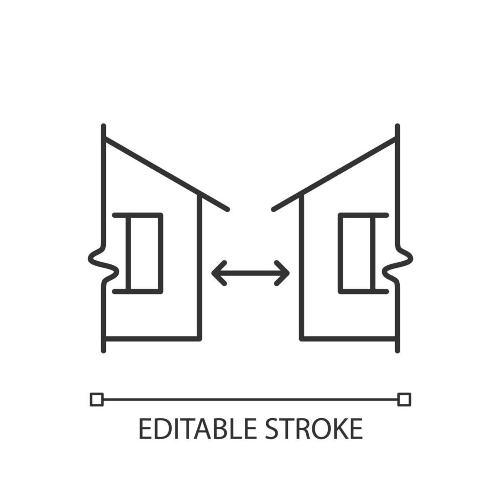 distancia mínima entre edificios icono lineal. Reglamento para la habitación humana. casas de apartamentos ilustración personalizable de línea delgada. símbolo de contorno dibujo de contorno aislado vectorial. trazo editable vector