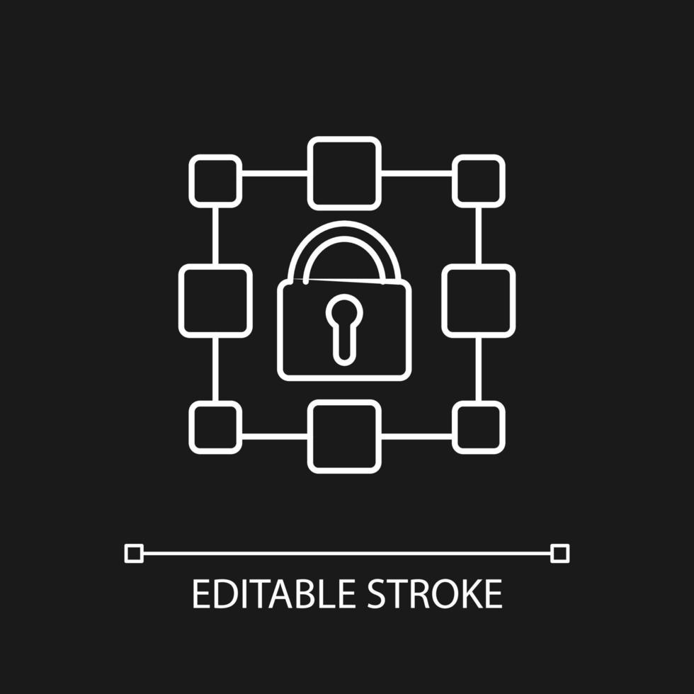 Blockchain white linear icon for dark theme. Encrypted data blocks storage. Recording information. Thin line customizable illustration. Isolated vector contour symbol for night mode. Editable stroke